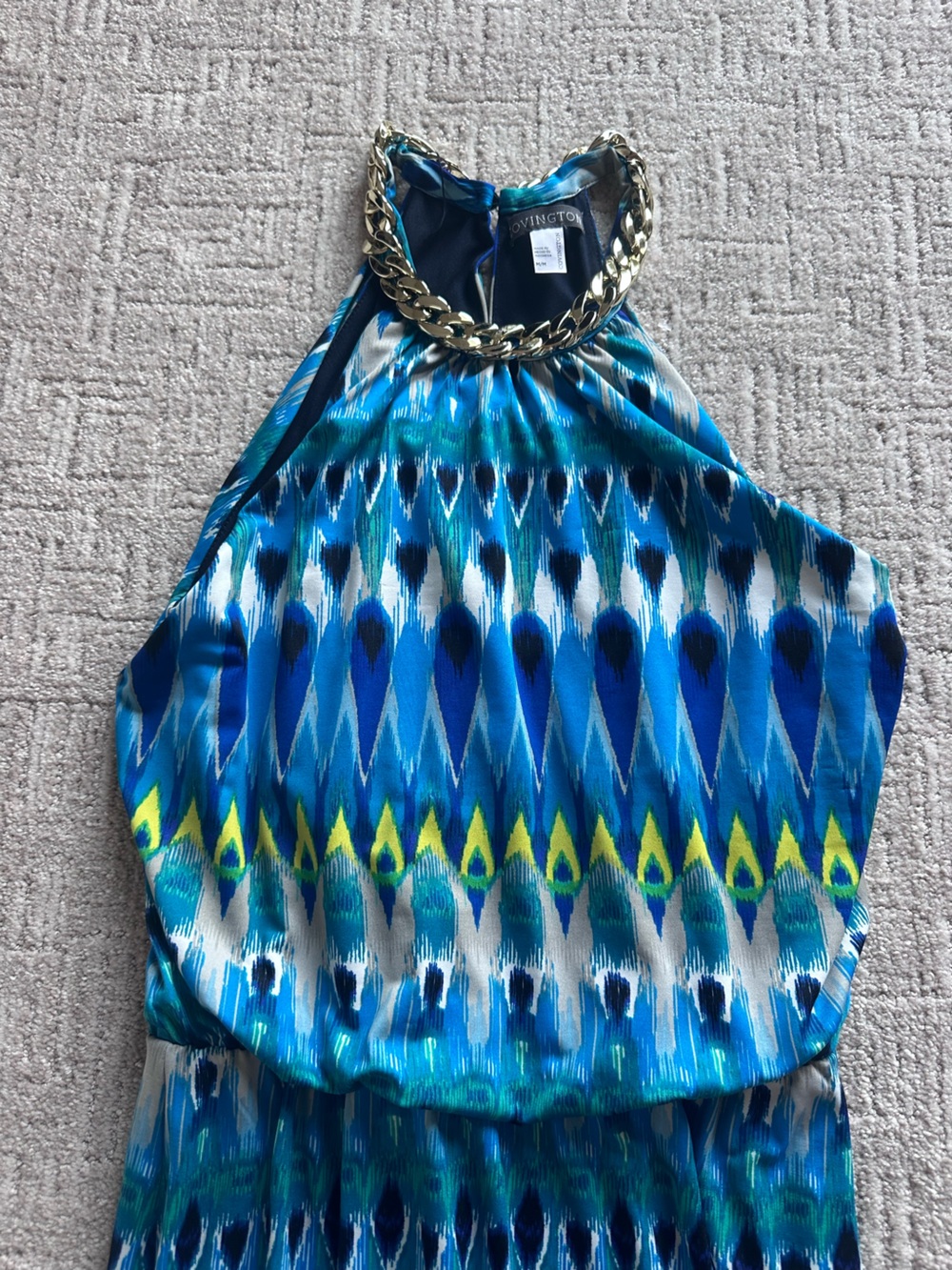 Covington Blue Teal Ikat Halter Tank with Gold Chain